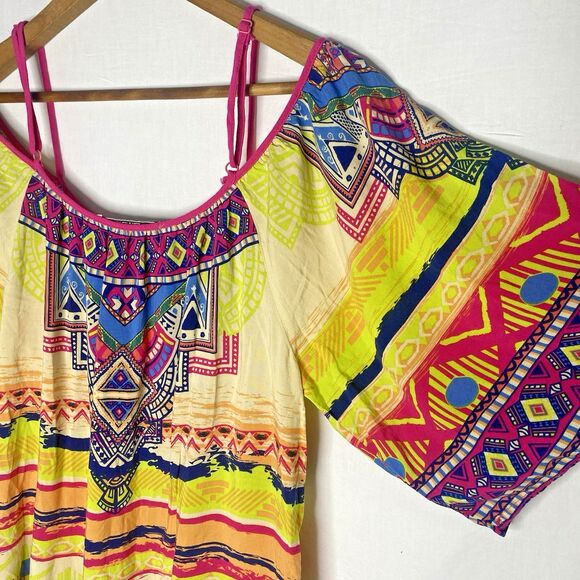 Anthropologie FLYING TOMATO Blouse Cold Shoulder Short Sleeve Aztec Womens M - Picture 2 of 10